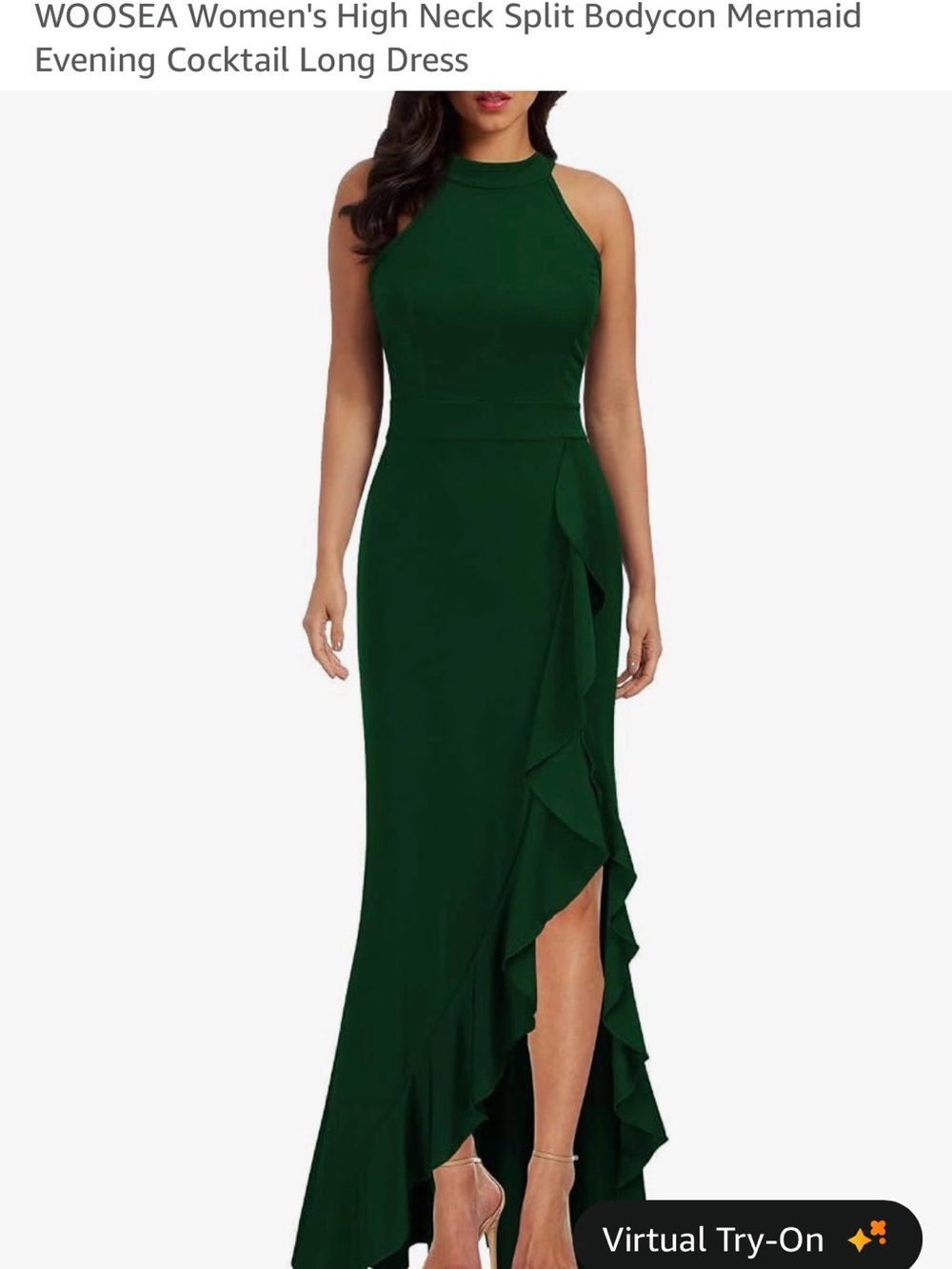 High Neck Ruffle-Trim Mermaid Evening Dress in Forest Green